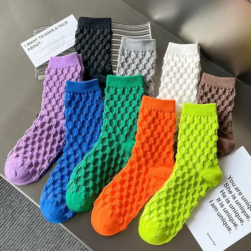 

3 Pairs Autumn and Winter women's Colored Mid tube Socks Candy Color Long Socks Korean Version Personalized Cotton Bubble Socks