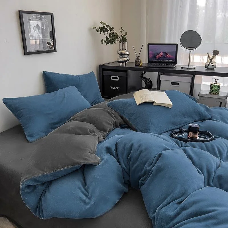 סט מצעים חורפי מעובה דו-צדדי מקטיפה קורל חלבית, סט שלושה חלקים עם ציפה לשמיכה, סט שלושה חלקים בסגנון פשוט