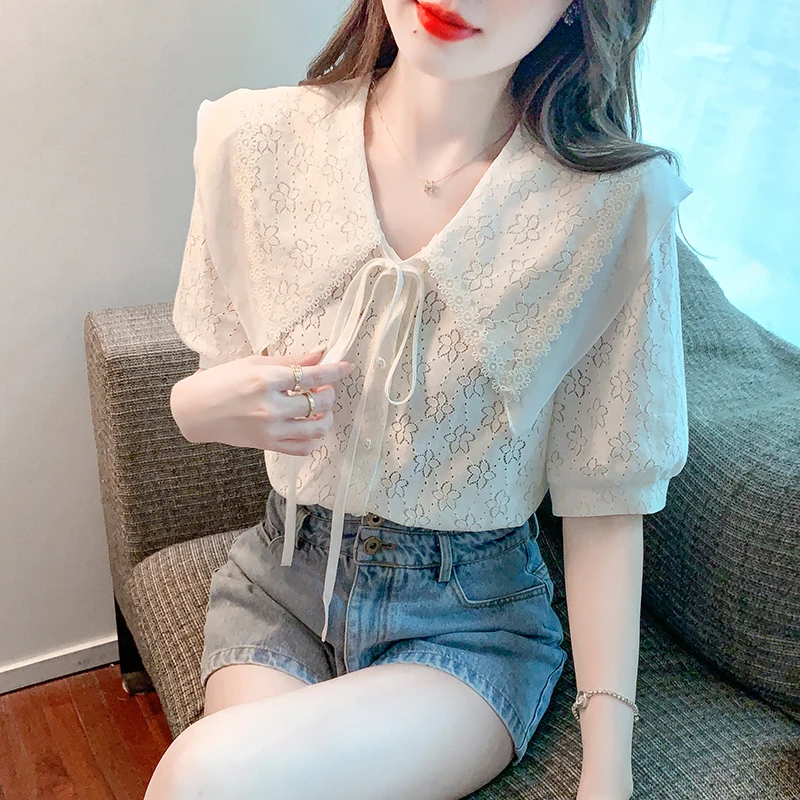 

Chic Lace-up Doll Collar Women Bluose 2022 New Summer Fashion Puff Sleeve Shirts Blouses Apricot Elegant Female Tops
