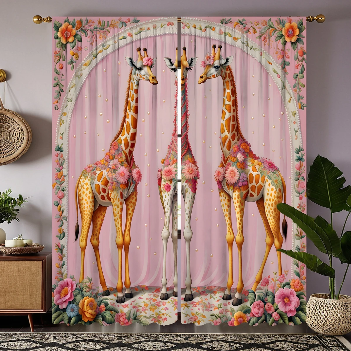 2 pieces of HD Girly powder flower decoration Giraffe decorative curtain Pink tie digital printed curtain Home Decoration style 2