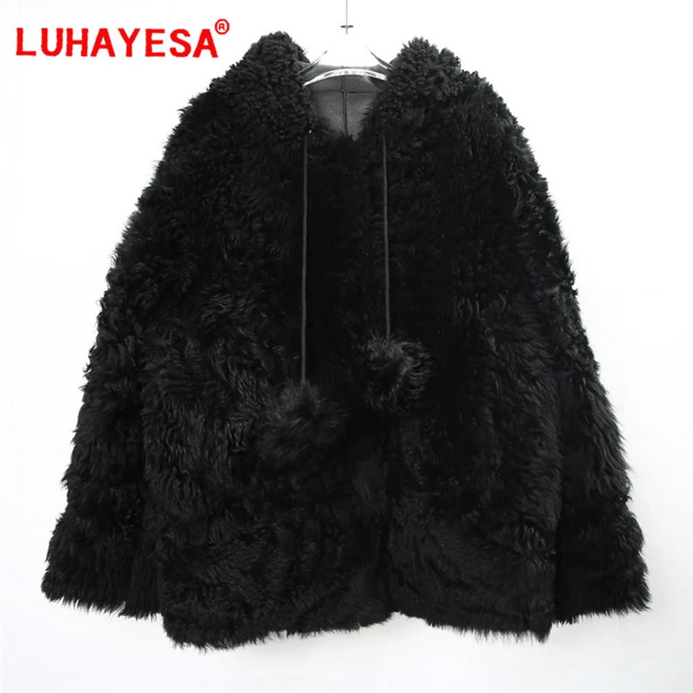 

2023 Bazaar Sheepskin Lamb Fur Shearling Men Hooded Casual Black Real Fur Coats