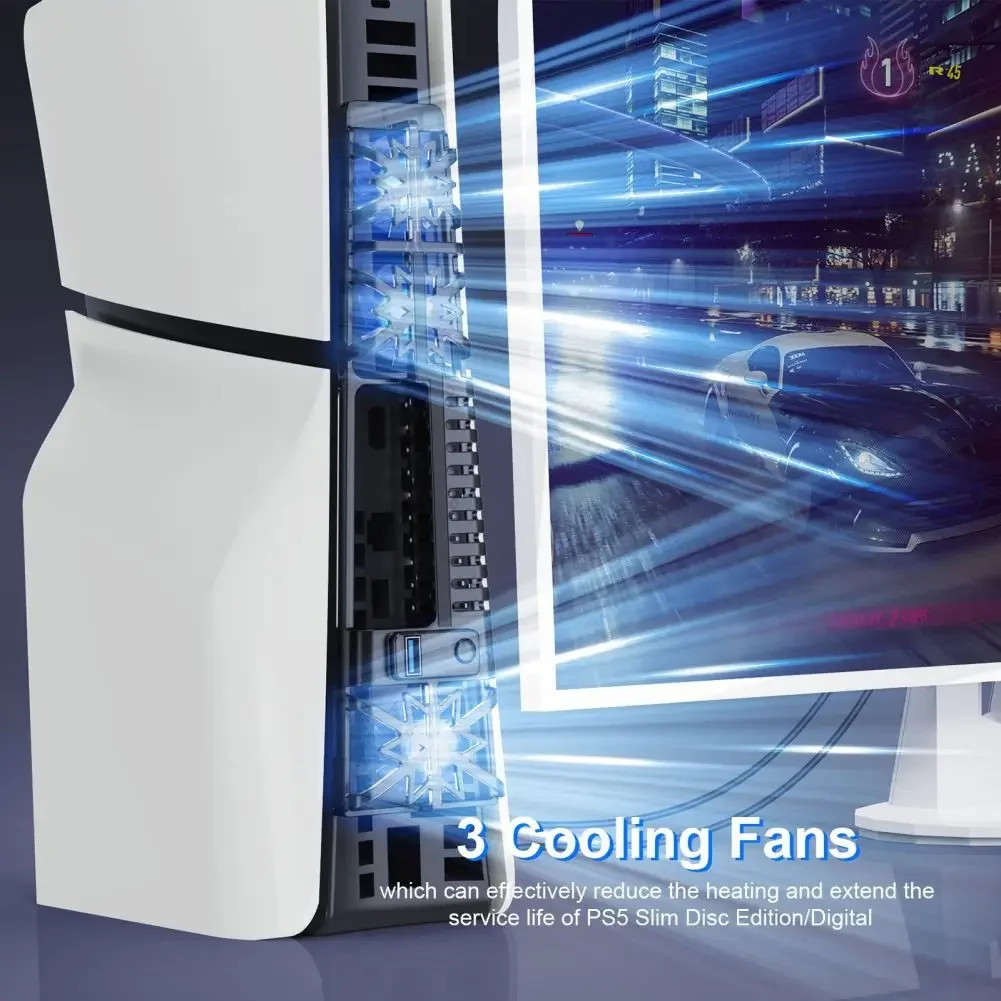 For PS5 Slim Cooling Fan With RGB Light 3 Cooling Fans High Efficient Cooler System 3 USB Port for PS5 Disc/Digital Edition