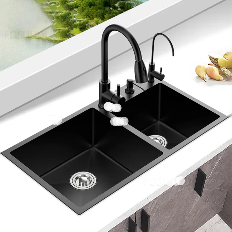

Nano Black Kitchen Sinks Light Luxury Kitchen Accessories Home Double-slot Large Basin Stainless Steel Handmade Sink With