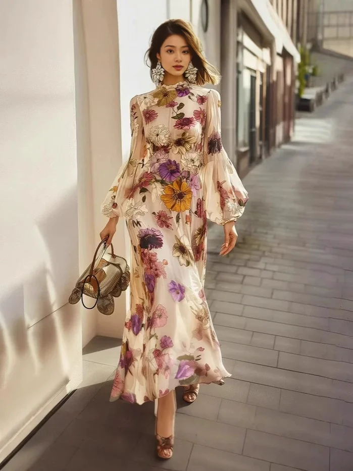 Abito elegante da donna in chiffon a maniche lunghe Moda Primavera Autunno Manica a lanterna Vita con volant Stampa floreale Abiti da festa da donna - immagine 4
