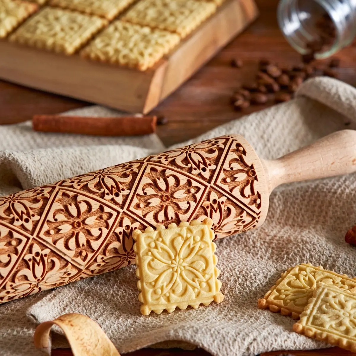 Description Picture 4 of itemprinting Rolling Pins Rock Snowflake Elk Wooden  Embossing Baking Cookies Biscuit Fondant Cake Patterned Roller 35*4.5cm