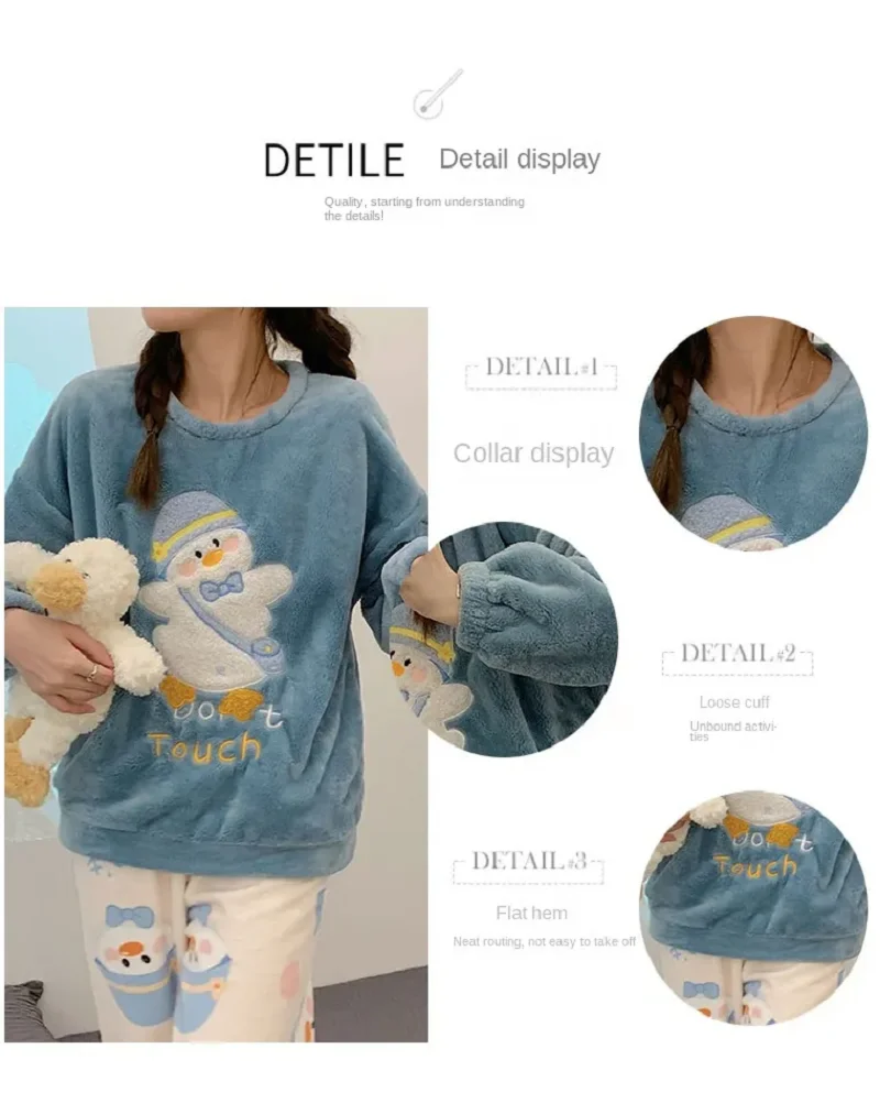 Autumn Winter Women's Pajamas Set Long-sleeved Trousers Two-piece Flannel Soft