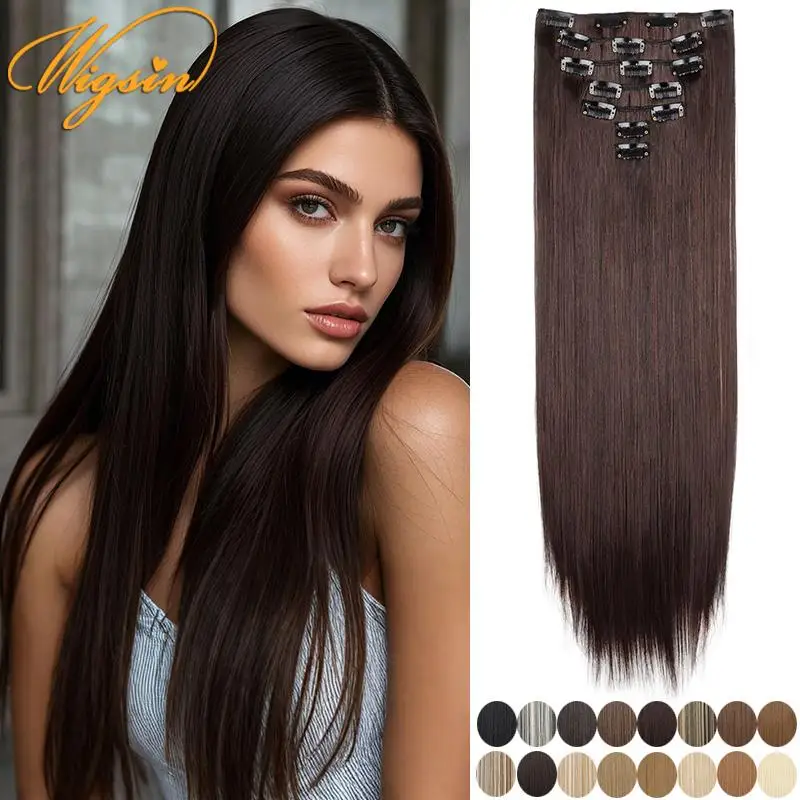 Synthetic Hair Extensions 24Inch 7pcs/set 16Clips Long Straight Hairstyle Blonde Black Hairpieces For Women