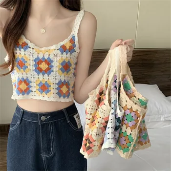 Boho Retro Colorful Crochet Tops Beach Holiday Wear Camis Mujer Summer Hollow Out Knitted Tank Top Retro Knitwear 1