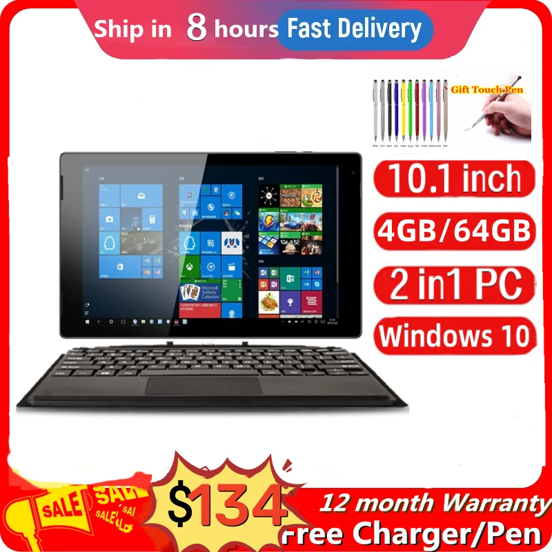 분리형 키보드 포함 윈도우 태블릿 PC, HDMI 호환, 1920x1200 IPS 6500mAh, 4GB RAM, 64GB ROM, 10.1 인치, 64 비트, P7, 2-in-1