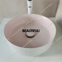 อ่างล้างหน้าแบบตั้งโต๊ะสีชมพูและสีขาว อ่างล้างหน้าแบบฝ้า อ่างล้างหน้าแบบด้าน อ่างล้างหน้าเดี่ยว อ่างล้างหน้าดีไซน์ศิลปะ อ่างล้างหน้าทรงกลม เซรามิก อ่างล้างหน้าสร้างสรรค์สำหรับบ้าน 2