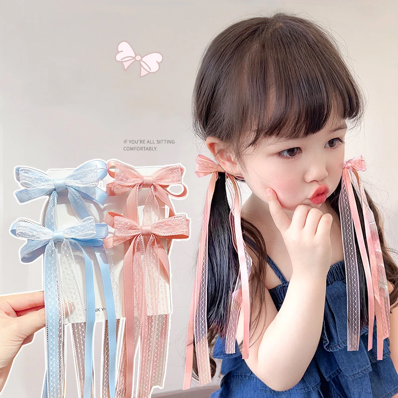 Sweet Bows Hair Clips Korean Lace Bowknot Long Ribbon Hairpins Fashion Barrettes Kids Hair Accessories 2Pcs/Set