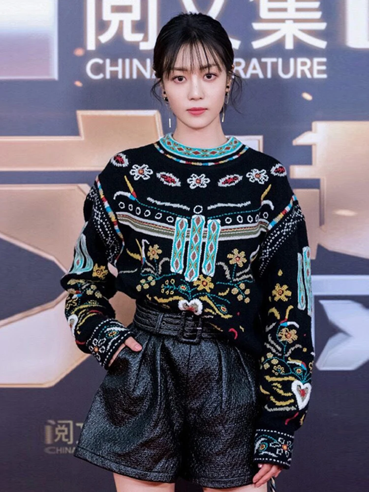 Vintage Style Embroidery Flower Pattern Lace Up Rope Hem Winter Knit Sweater  Female Ethnic Retro Jumper Warm Tops C-061 - AliExpress