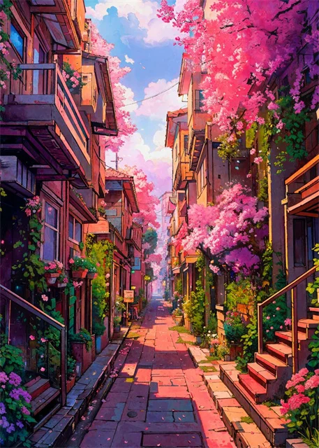 thumbnail image 1 of Pósteres e impresiones en lienzo de arquitectura de Sakura con paisajes callejeros japoneses, pinturas de arte mural para decoración del hogar y sala de estar moderna, 1 of 5
