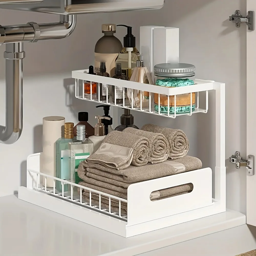 Double-Layer Sliding Sink Under-Sink Shelf for Home Use Pull-Out Cabinet Storage Rack for Kitchen and Bathroom Storage