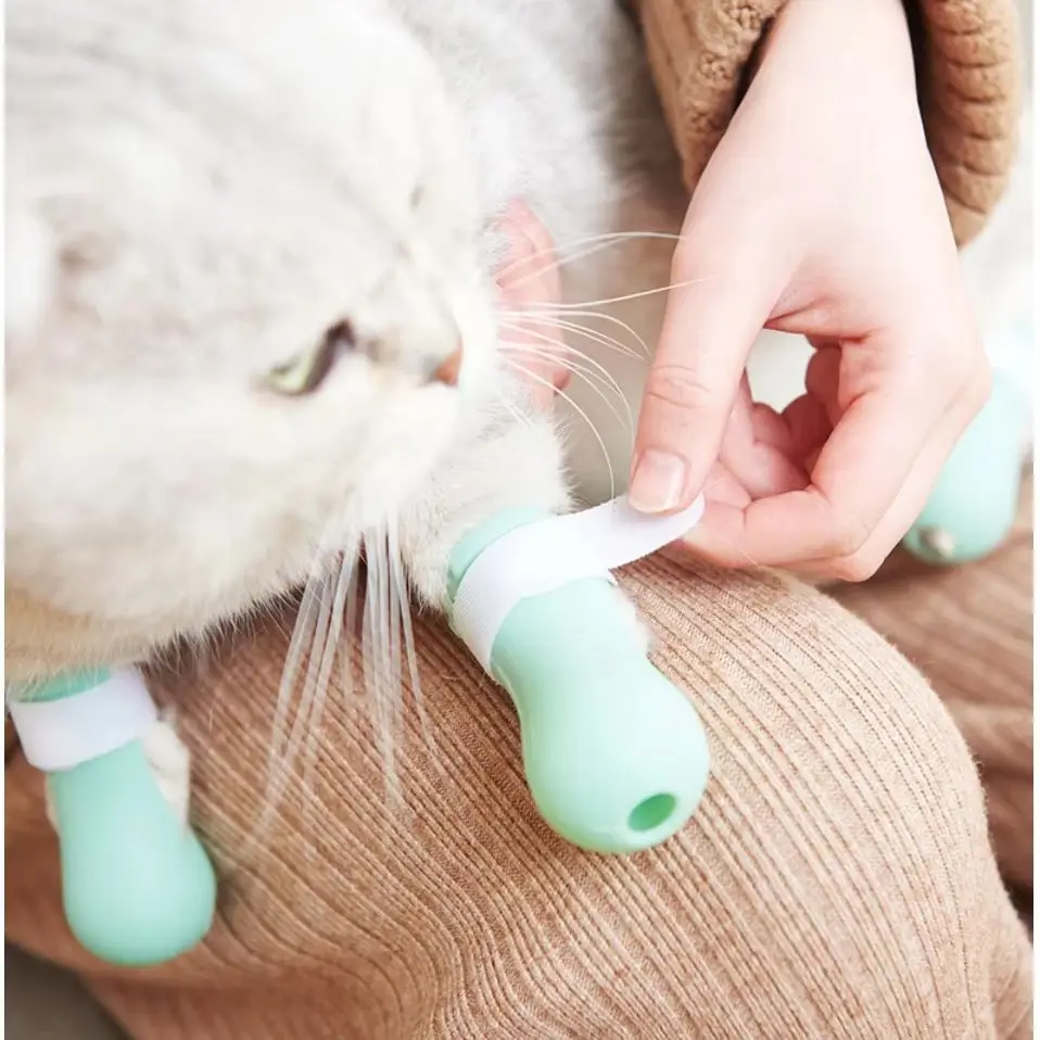 조절 가능한 실리콘 고양이 발톱 보호대 목욕용 긁힘 방지 고양이 신발 고양이 목욕용 워시 부츠 고양이 발톱 커버 애완동물 그루밍 S