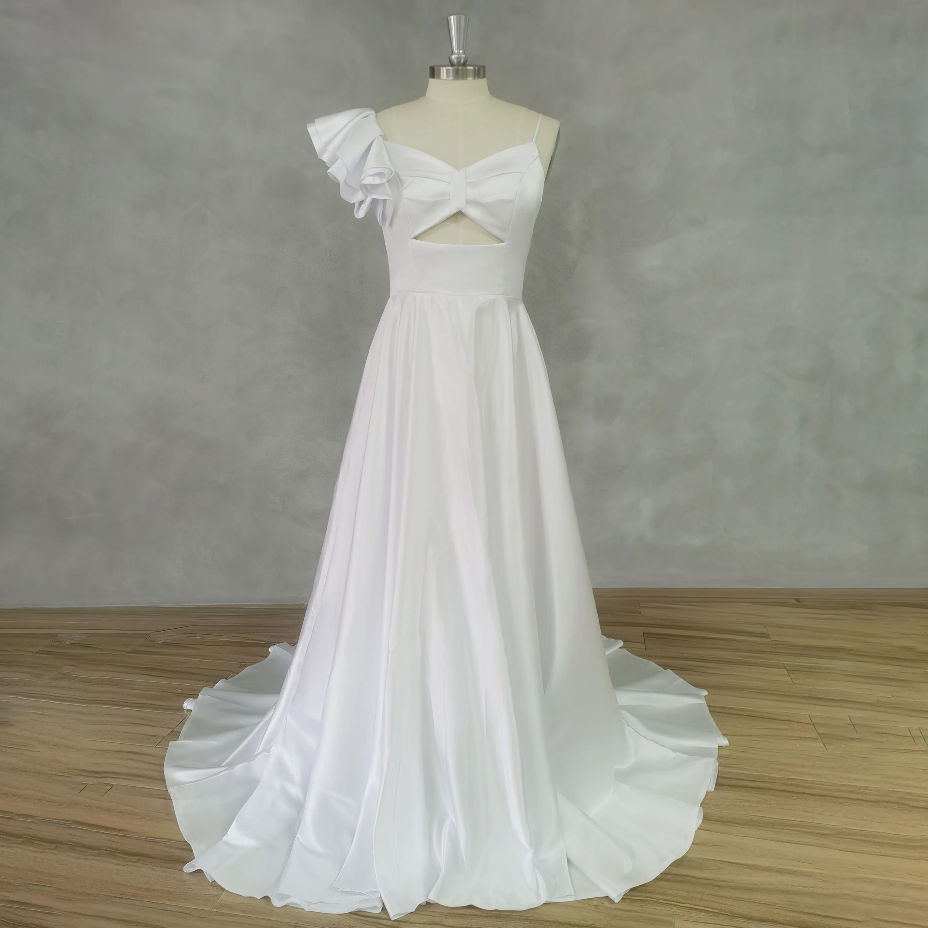 

DIDEYTTAWL Real Picture V-Neck Ruched Cut Out Satin Wedding Dress For Women Simple A-Line Court Train Zipper Bridal Gown