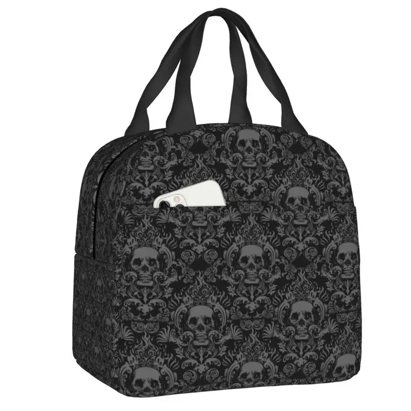 

Vintage Halloween Gothic Black Skull Damask Lunch Bag Portable Thermal Cooler Insulated Bento Box For Women Kids Food Tote Bags