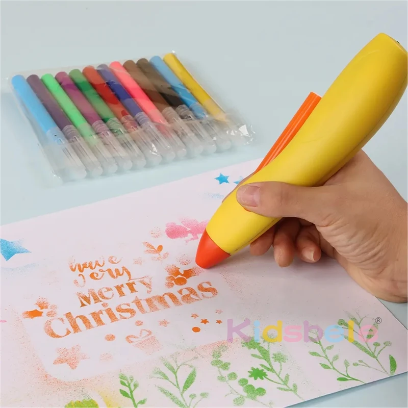 어린이 전기 그래피티 펜 세트, 매직 스프레이, 세척 가능한 아트 페인팅 마커, 에어 브러시 블로우 펜, 충전식 4 스텐실 낙서 드로잉