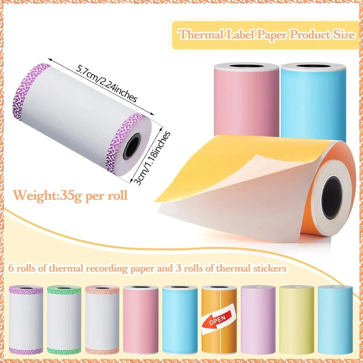 57X30 Thermal Printer Paper Colorful Mini Printing Paper Roll and Self-Adhesive Printable Sticker For Portable Thermal Printers