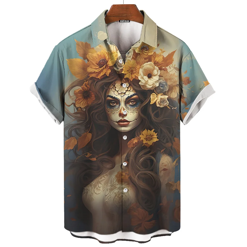 Day Of The Dead Skull Men's Short Sleeve Shirt 3d Print Retro Loose Oversized Festival Clothing casual short sleeved shirt,short sleeved shirt