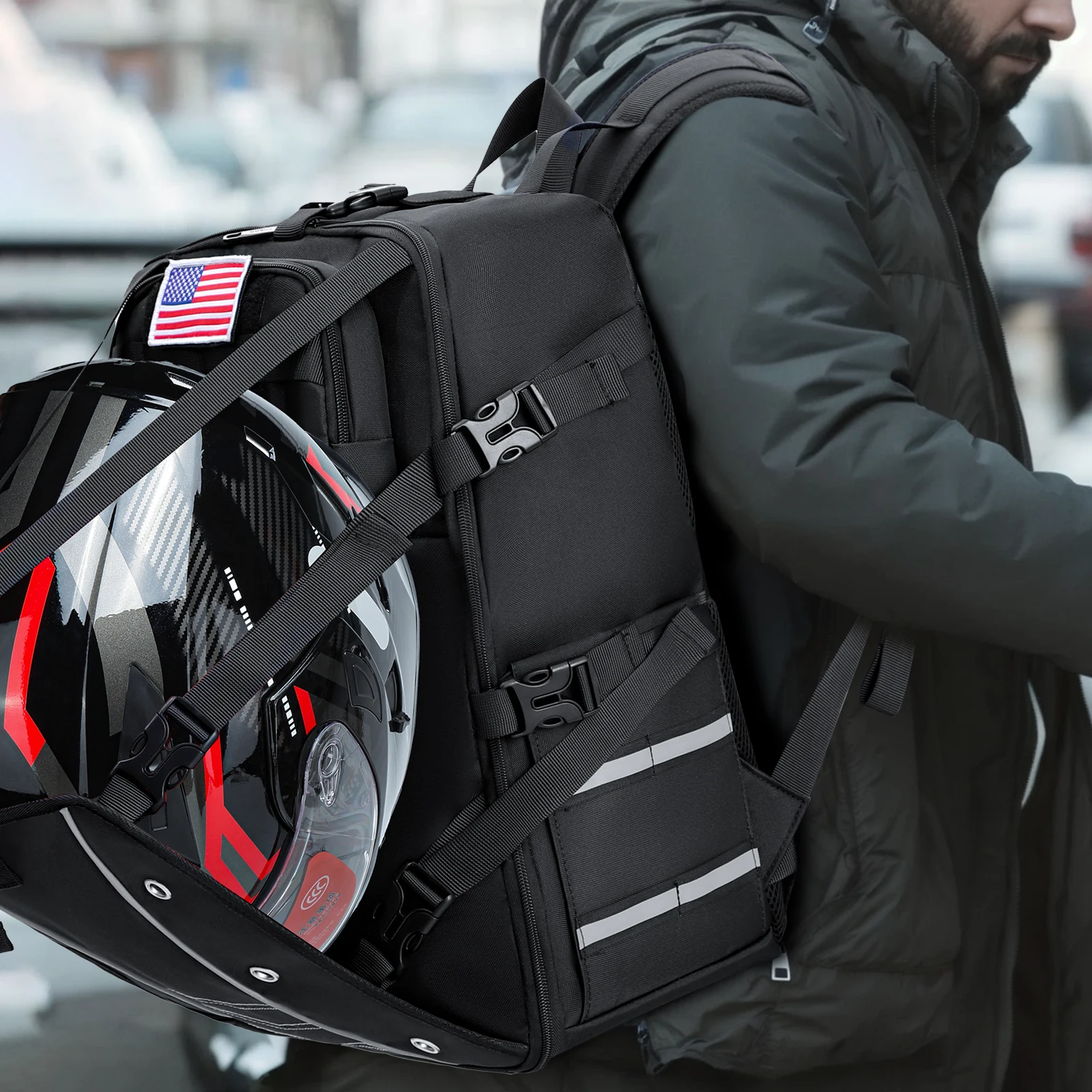 Motorcycle Helmet Backpack With USB Port - Waterproof Cycling Bag With Large Storage & Helmet Carrier