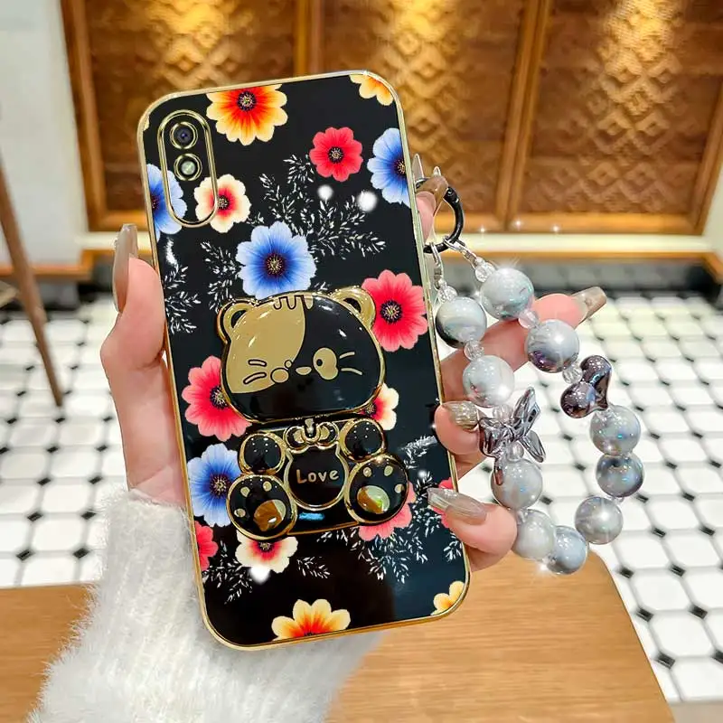 Colorful Flowers Phone Accessory Set: Case, Lanyard & Rabbit Stand