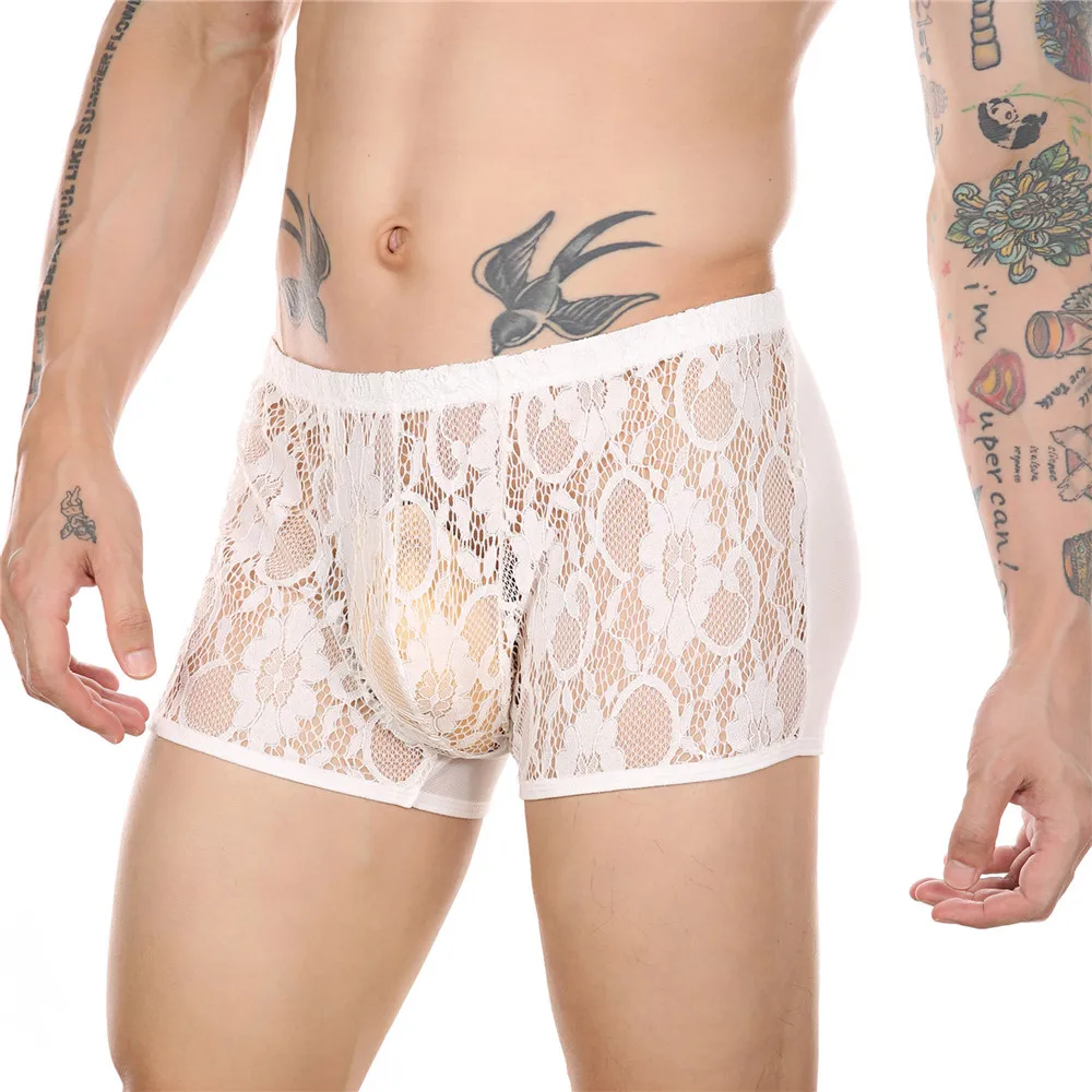 Ropa interior de Sexy para hombre Gay, calzoncillos transparentes de malla, pantalones cortos de bragas Sissy con bolsa de bulto, bañadores de encaje - AliExpress