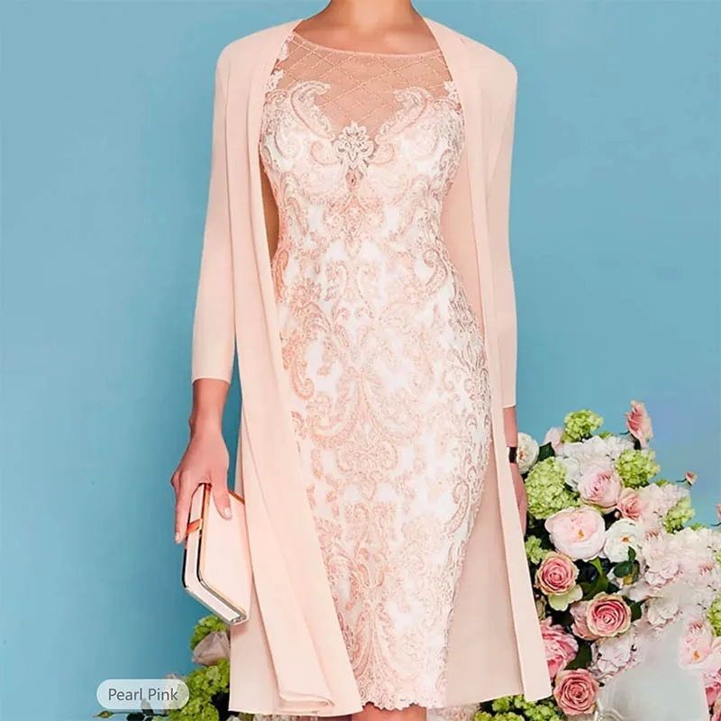 

Mother of the Bride Dress Jewel Neck Knee Length Chiffon Lace 3/4 Length Sleeve Beading Decal Groom Mother Dresses For Weddings