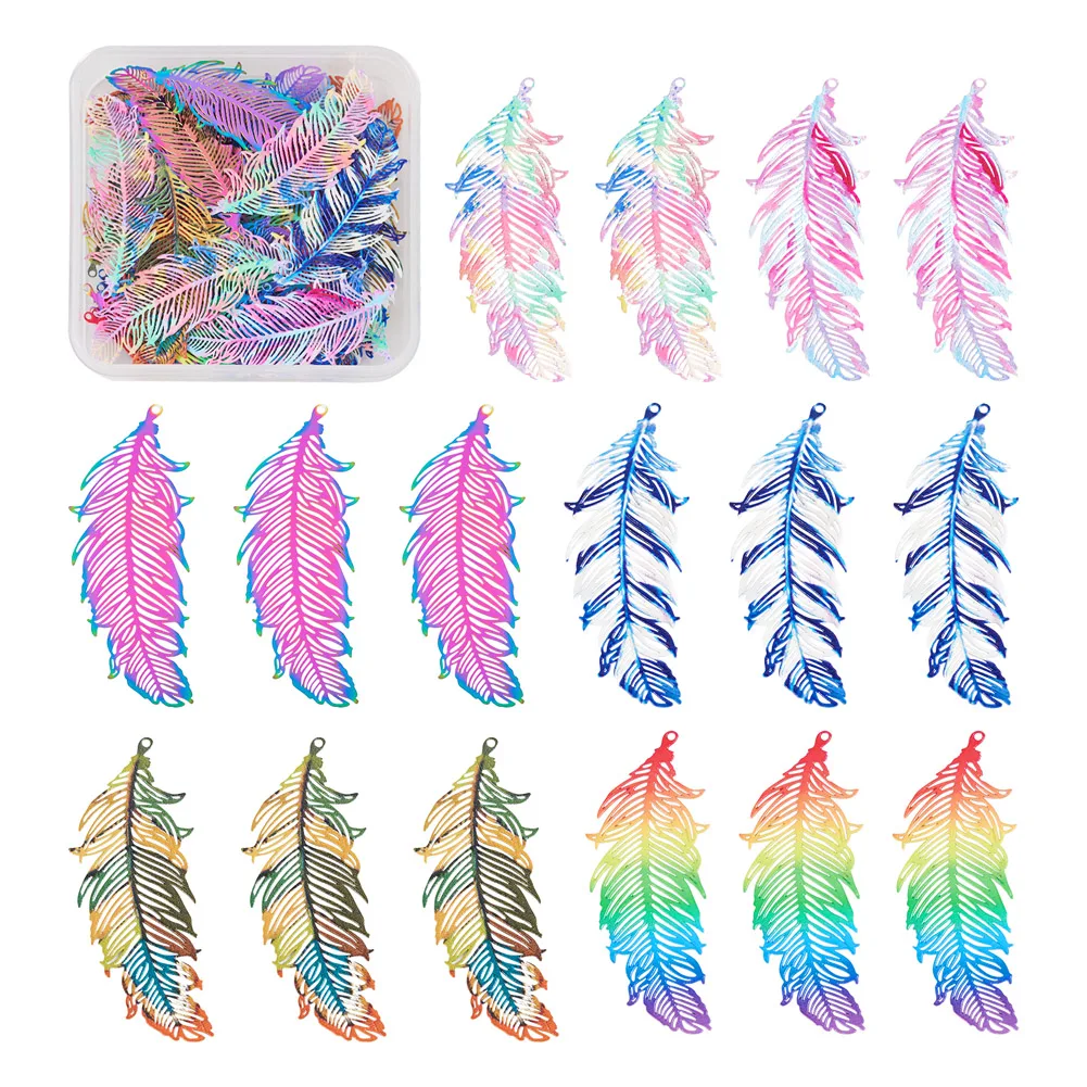 

40~48Pcs Stainless Steel Feather Charms Filigree Pendants Etched Metal Embellishments for DIY Bracelet Necklace Jewelry Making