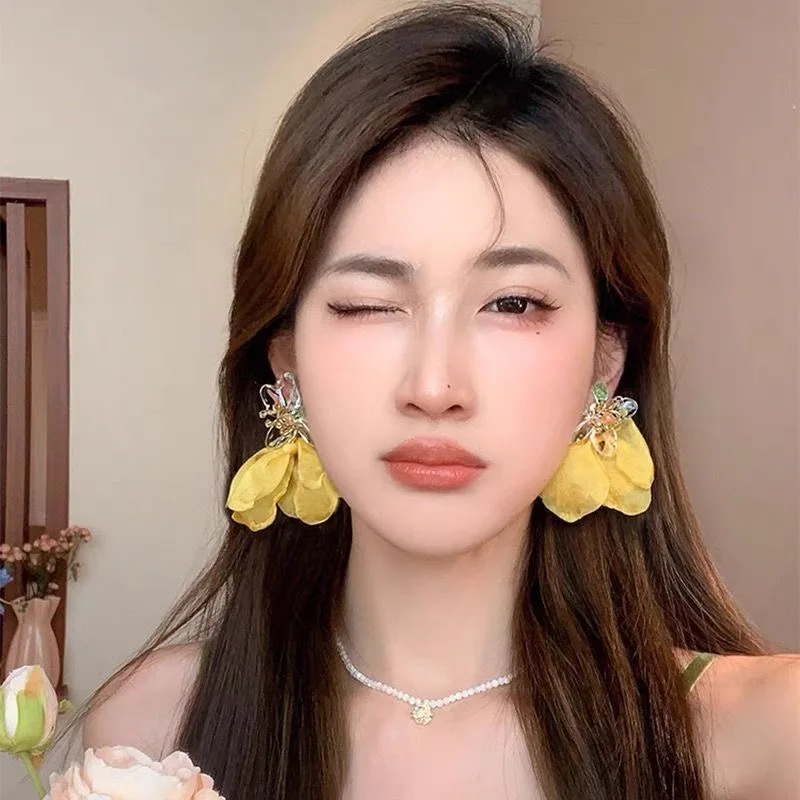 Ladies Korean style earrings yellow chiffon flower earrings, designer environmentally friendly retro summer vacation earrings