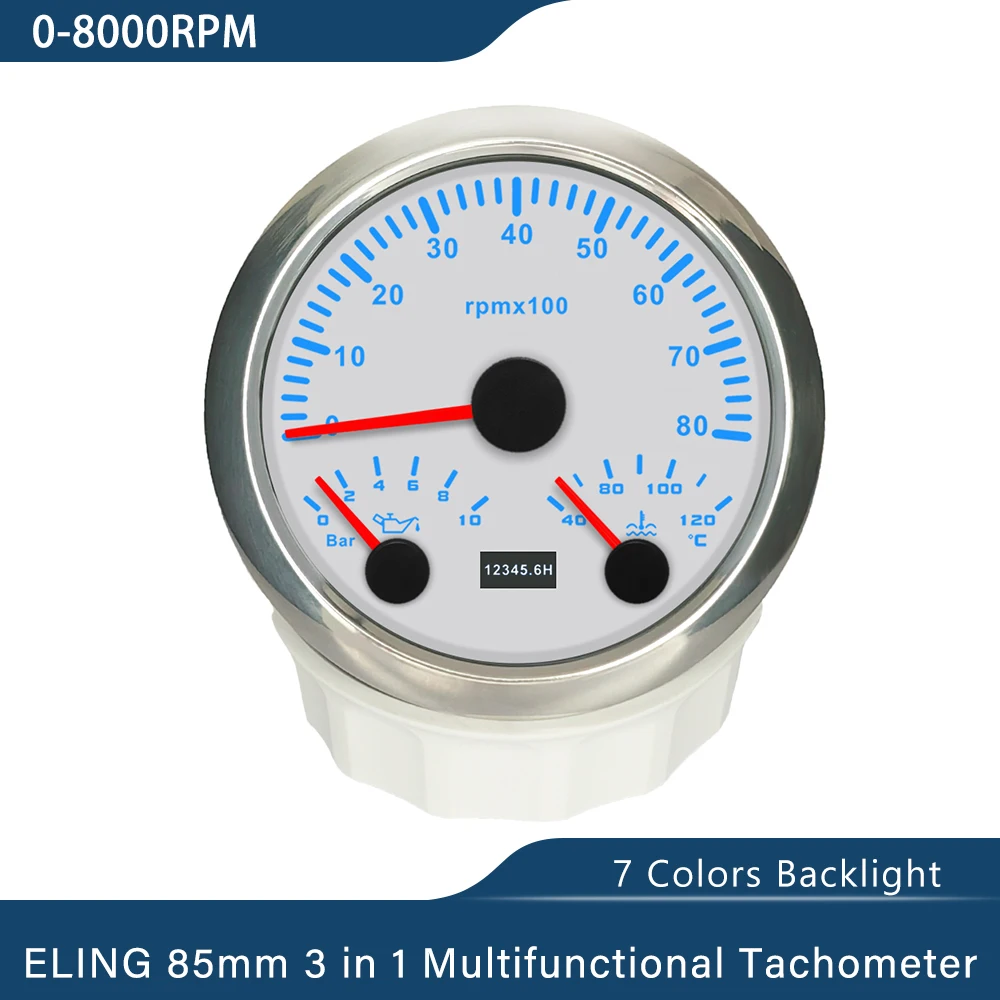 Lodní 85mm 3 v 1 multifunkční 4000RPM 6000RPM 0-8000RPM otáčkoměr s olej měrný tlak voda temp 7 barvivo podsvícení 12V 24V