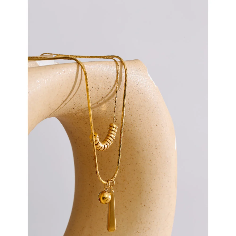 Yhpup Stainless Steel Double Layer Beads Water Drop Pendant Necklace