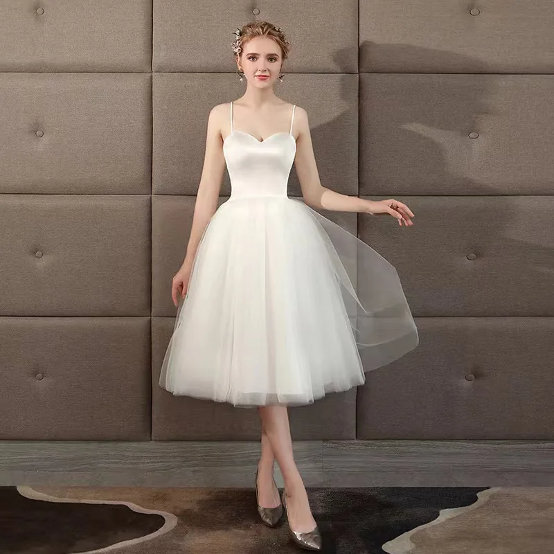 White Summer Women Spaghetti Straps Cocktail Dresses Sweetheart Party Evening A Line Soft Tulle Simple Cheap Short Wedding Gowns