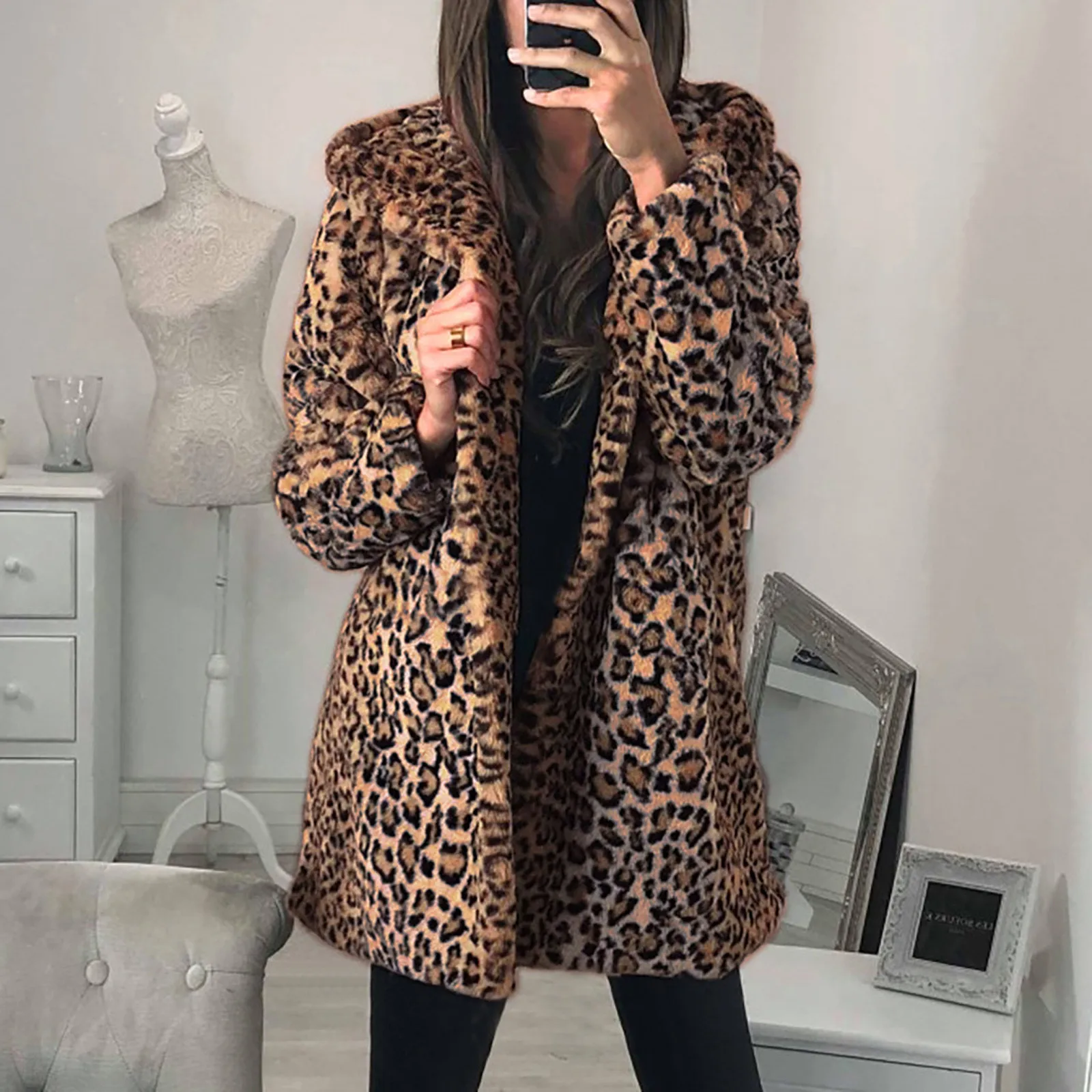 Plus Size Women Coat Leopard Print Faux 