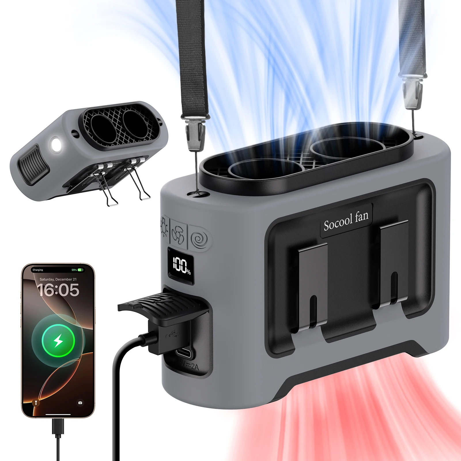Socool พัดลมคาดเอวพกพา 14500mAh, ช่องลมคู่, มอเตอร์เทอร์โบ, คลิป 4 ตัว, ไฟฉายฉุกเฉินสำหรับใช้งานกลางแจ้ง 1