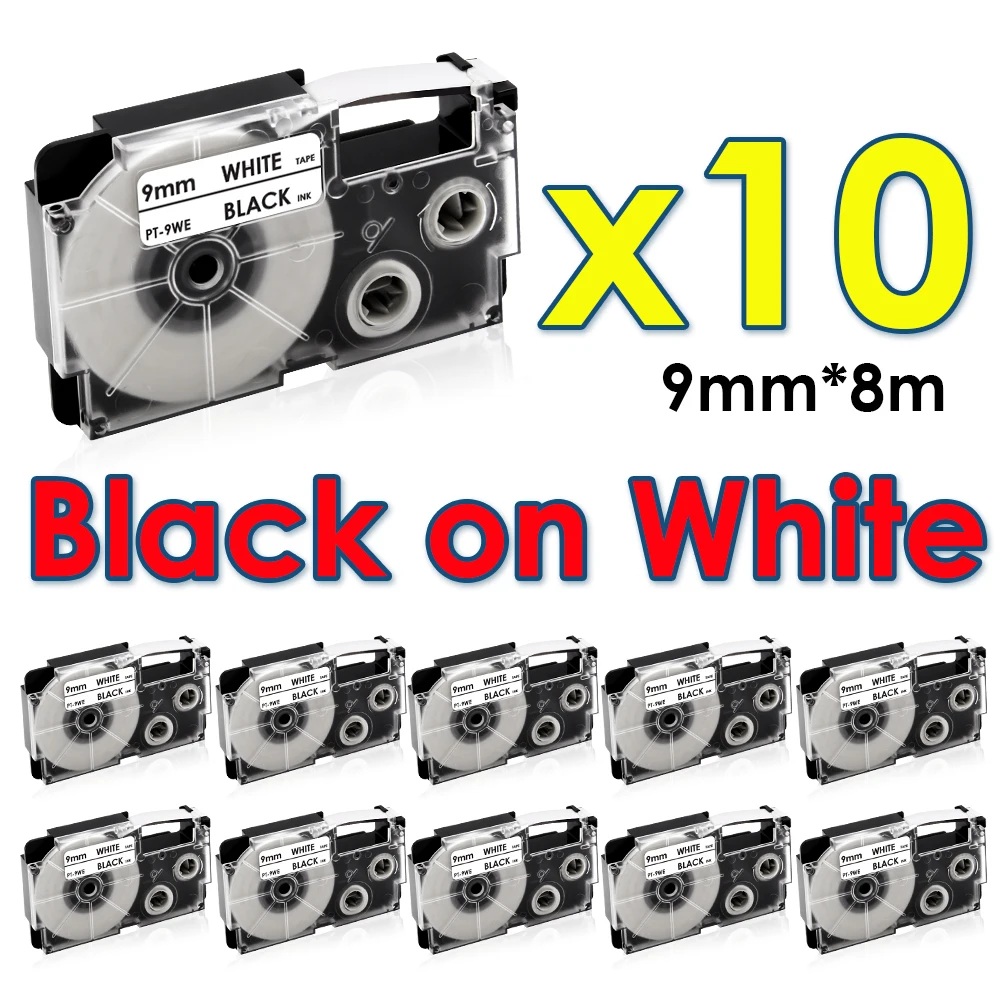 

10PK XR-9WE Compatible for Casio XR9WE XR 9WE Label Tape Black on White for Casio KL-60 KL-120 KL-100 KL-820 KL-780 Label Maker