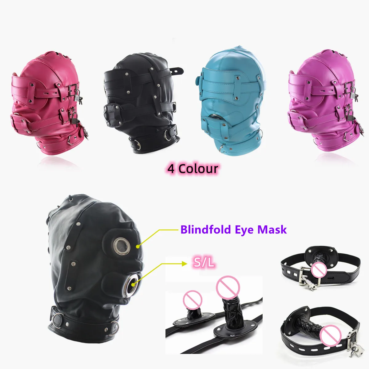 

Bdsm Bondage Headgear Sex Toys of Leather Lockable Fetish Blindfold Hood Mask with Silicone Dildo Gag for Couples SM Games