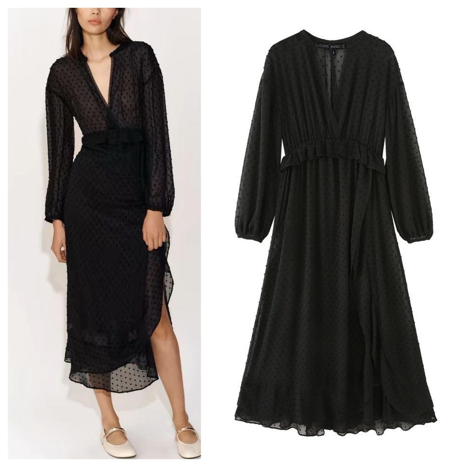 European and American style 2025 new style deep V-neck semi-transparent sexy long-sleeved dress