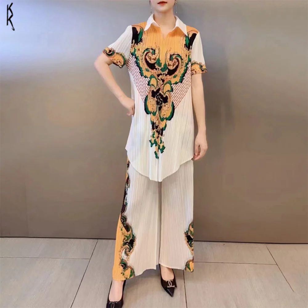 

Miyake Pleated Set 2024 Summer New Print Shirt+Versatile Wide Leg Pants High-end Fashion 2 Piece Sets Women Outfit Sportswear