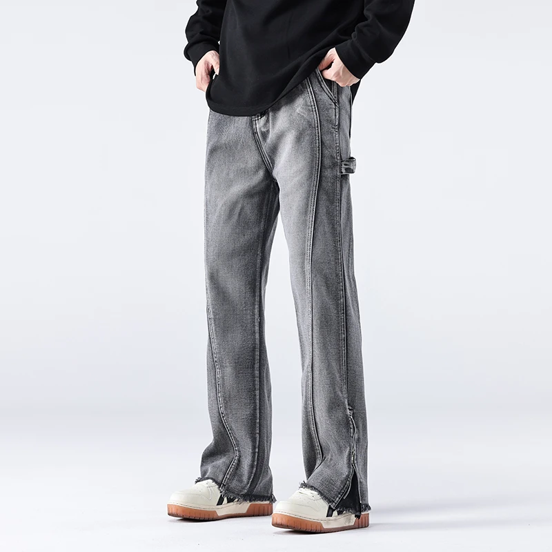 

Men's Side Leg Zipper Grey Vintage Straight Denim Jeans