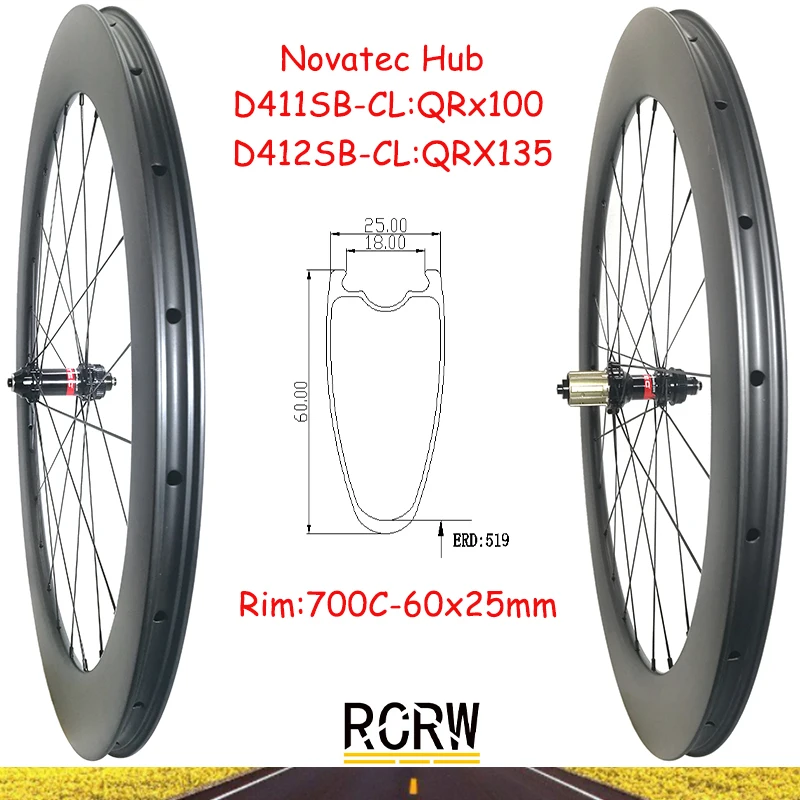 700C Strada 60X25Mm Wheelset Del Carbonio Rim 24 Foro Senza Camera D'Aria 60 Di Larghezza 25 Profondo Novatec D411Sb-Cl D412Sb-Cl Center Lock Shima Hu