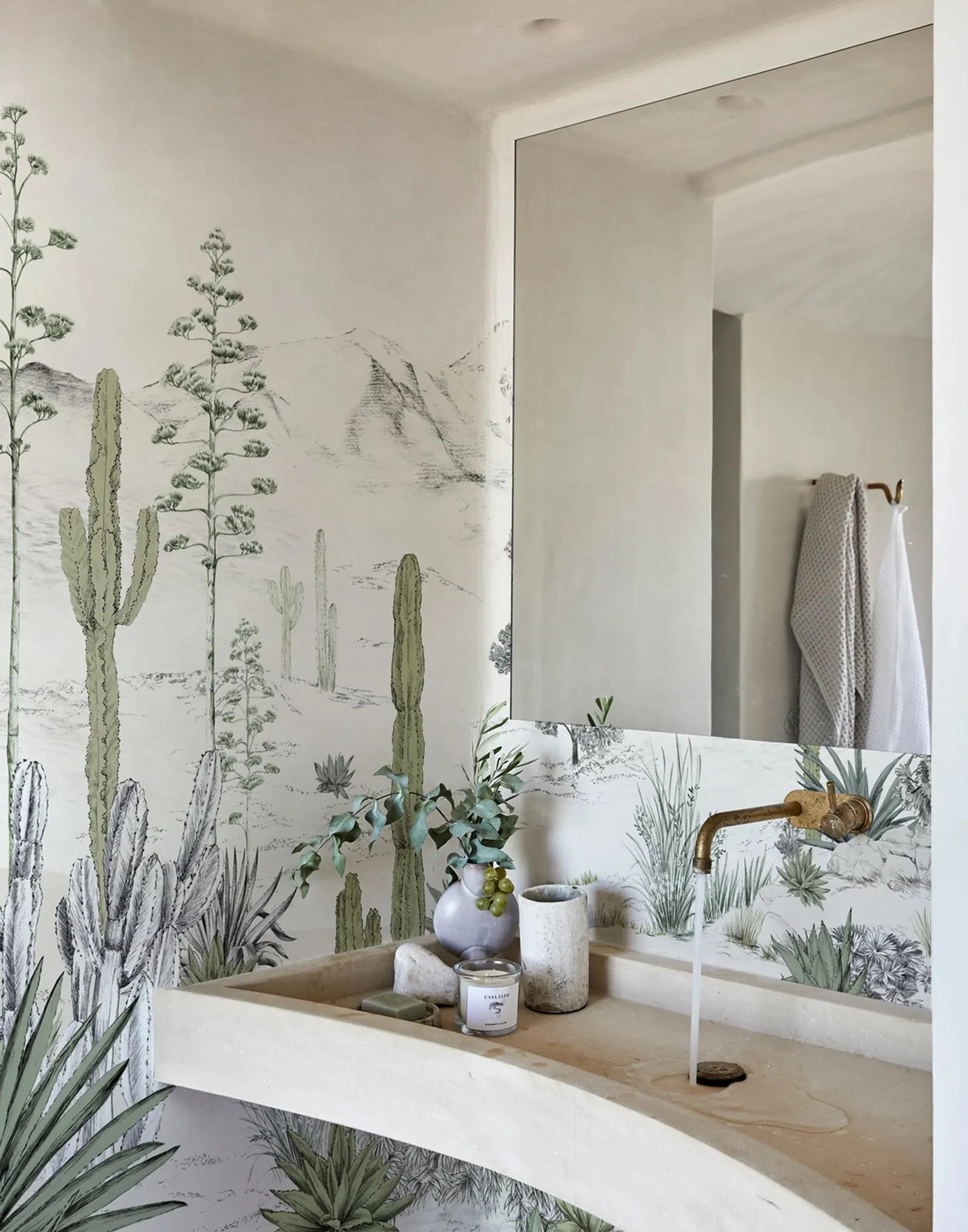 Succulentes wallpaper in Nature color, Landscape wallpaper with Illustrations of succulents, agaves and desert oaks