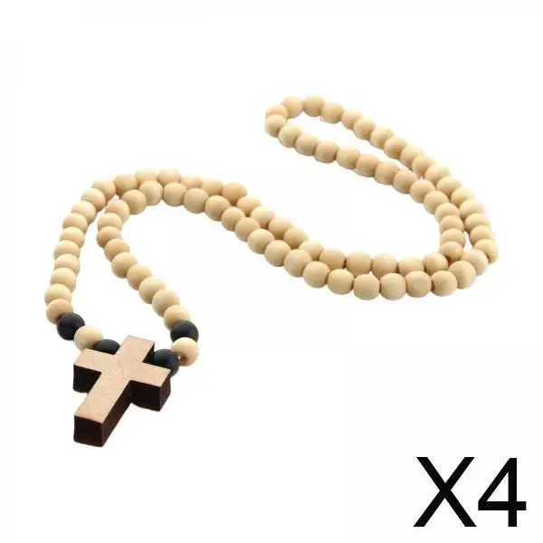 Wood Cross Pendant Necklace Chunky Beaded Chain Rosary Style Accessory for Men Women Church Events