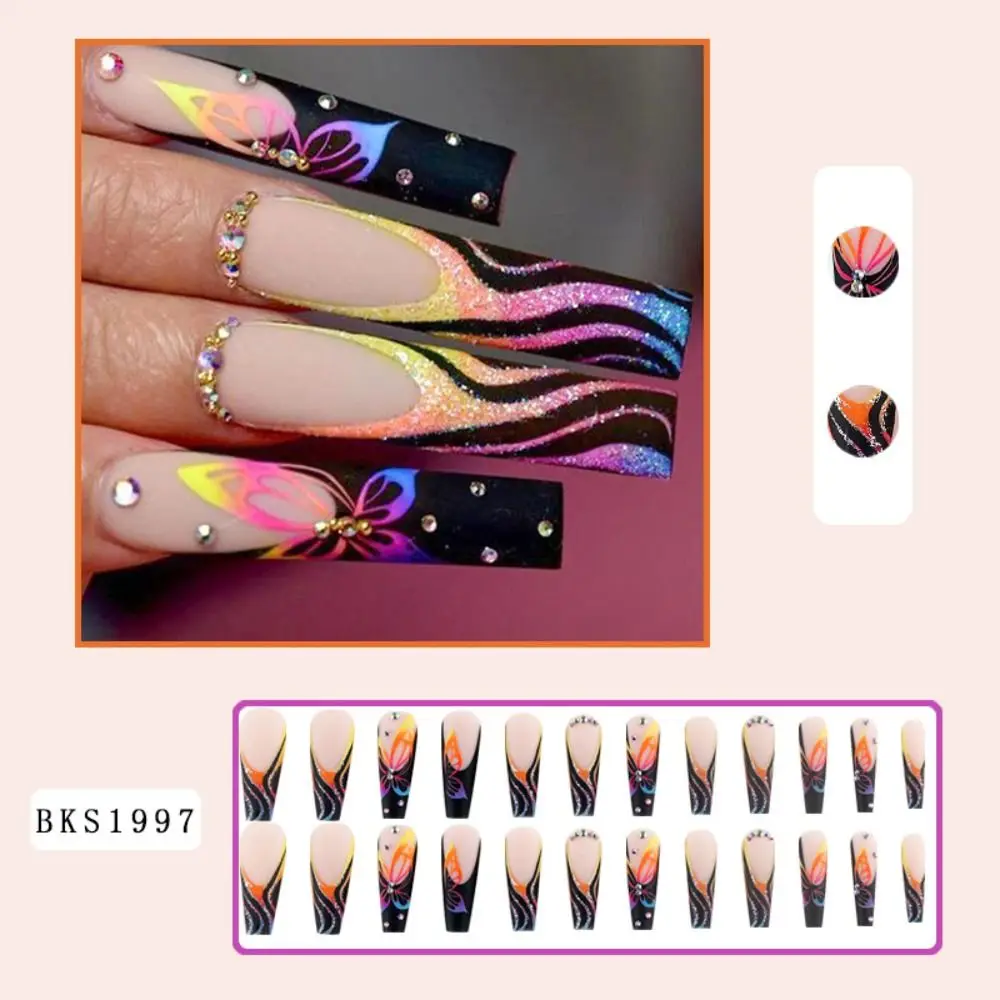 Long Ballerina False Nails Fashion French Purple Butterfly Fake Nails Full Cover Detachable Press on Nails Women Girls