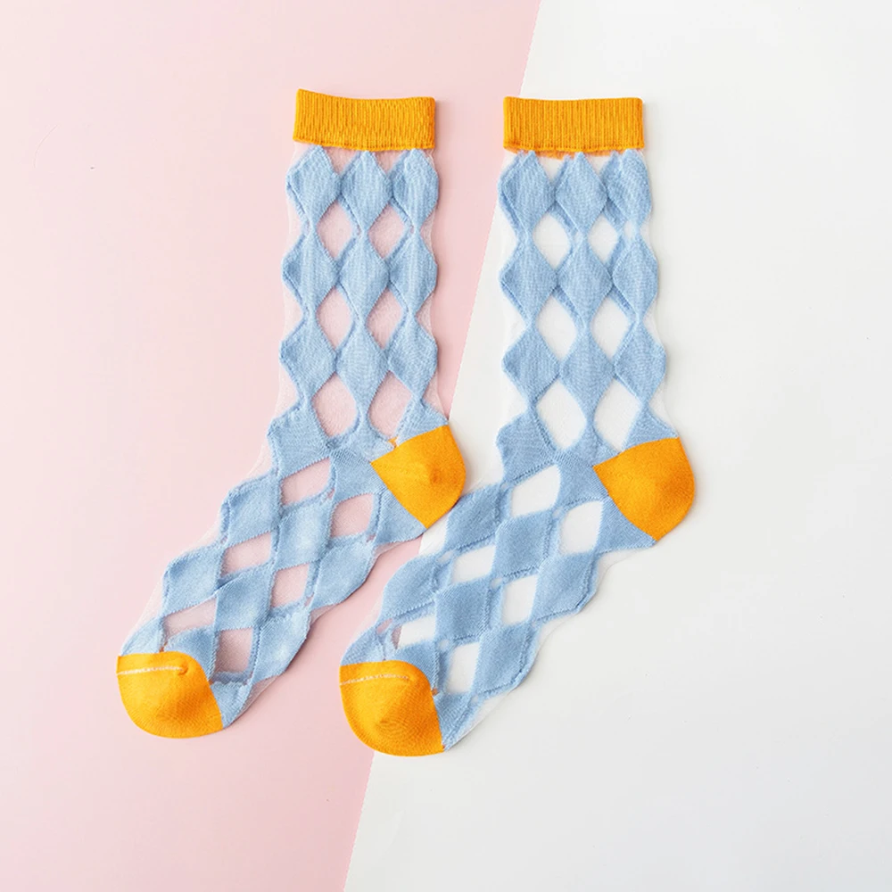 Transparent Crystal Women Cotton Socks 6Pairs Harajuku Fashion Rhombus Lattice Pattern Lace Breathable Girls Kawaii Cute Socks