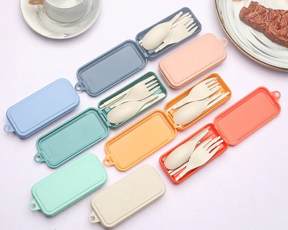 Wheat Straw Dinnerware Set Portable Tableware Knife Fork Spoon Chopsticks Set Travel Cutlery Eco-Friendly Utensil Box 4Pcs cutlery set,western style cutlery set,picnic cutlery set,picnic tableware,camping cutlery set