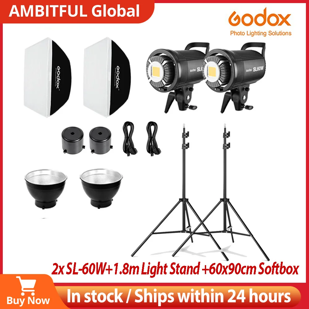 2x Godox Sl60w 60ws 5600k Studio Led Continuous Photo Video Light + 2x 1.8m Light Stand + 2x