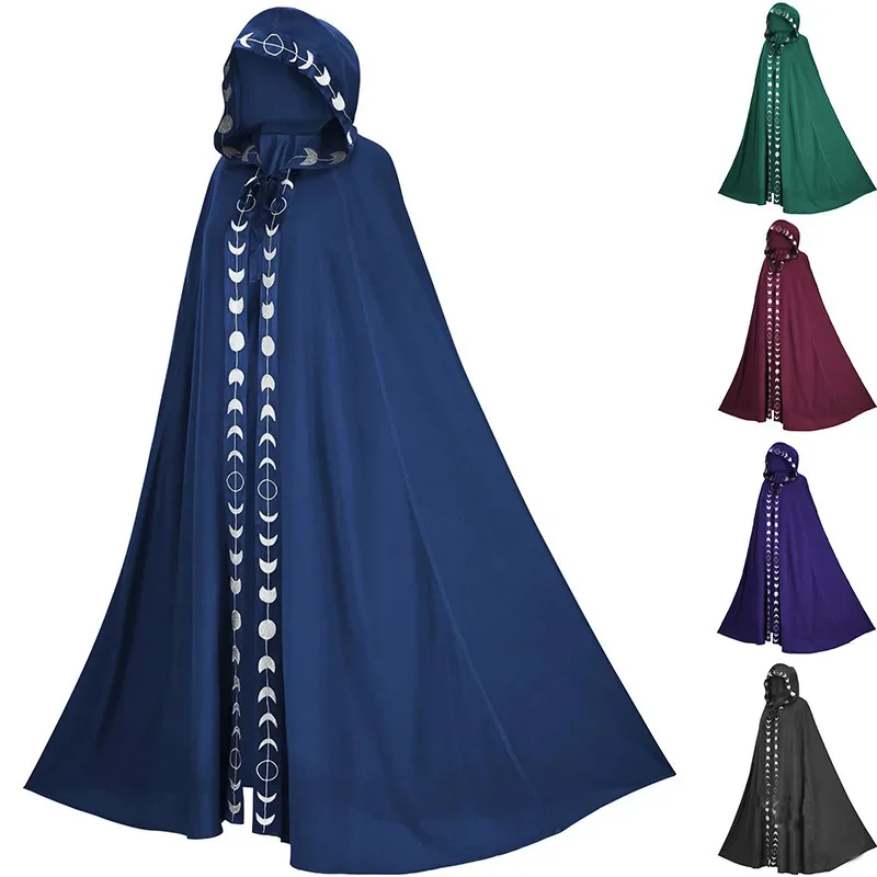 

Adult Kids Hooded Witch Mantle Moon Print Women Unisex Cloak Medieval Extra Long Lace Up Halloween Party Cape Cosplay Costume