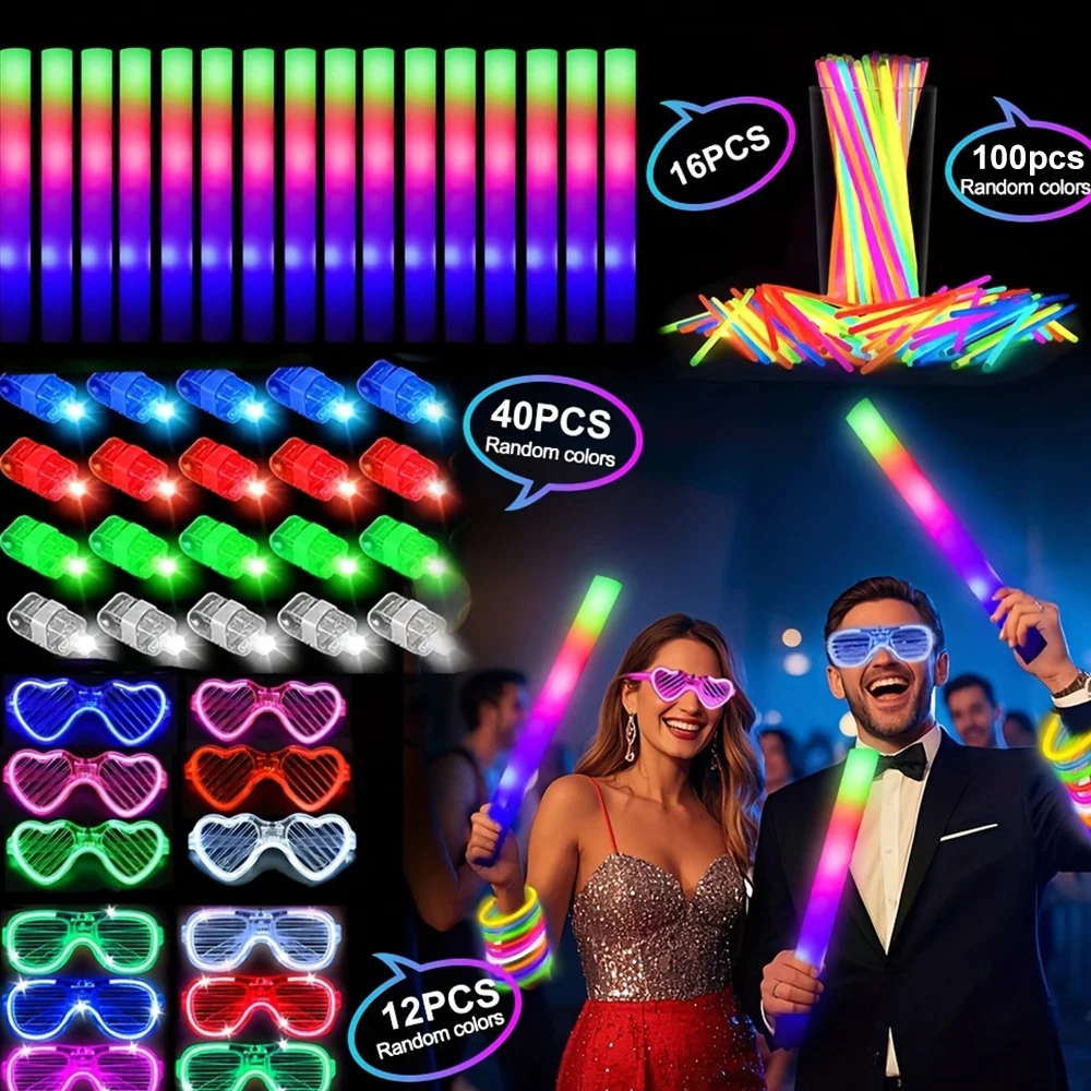 168pcs/Set Glow Party Kit, including 12 LED Glasses, 16 Foam Glow Sticks, 40 Finger Lights, 100 Glow Sticks, suitable for weddin