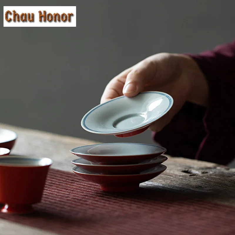 2pc/set Coral Red Glaze Round Teacup Coasters Hand Painted Double Line Heat Proof Mat Teacup Mat Ceramic Kung Fu Tea Ceremony